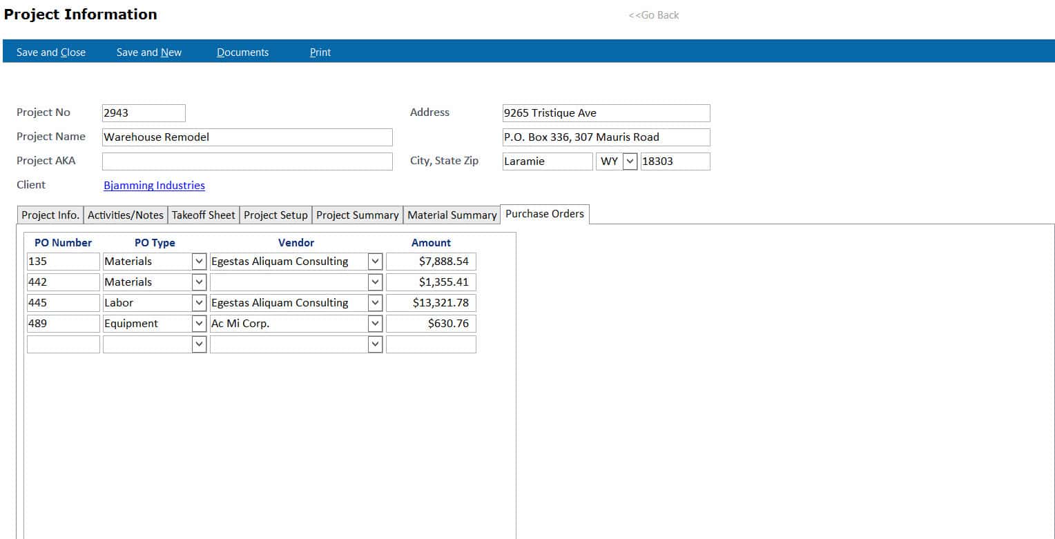 Project Information Purchase Orders