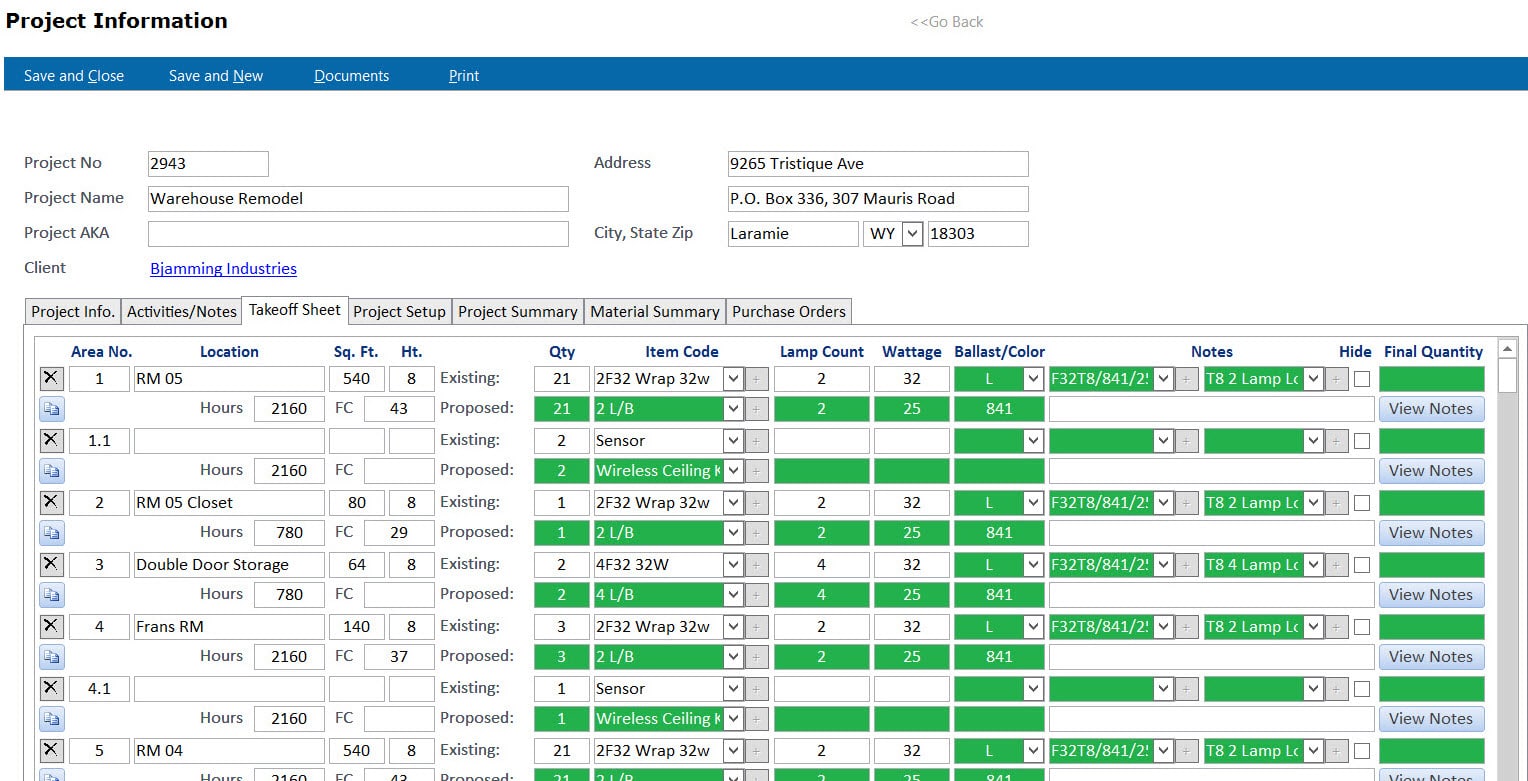 Project Information Takeoff Sheet